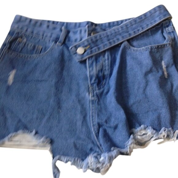 Women's Large Blue Denim Distressed Jean Shorts Cut Off Frayed Pockets Festival - Picture 2 of 3